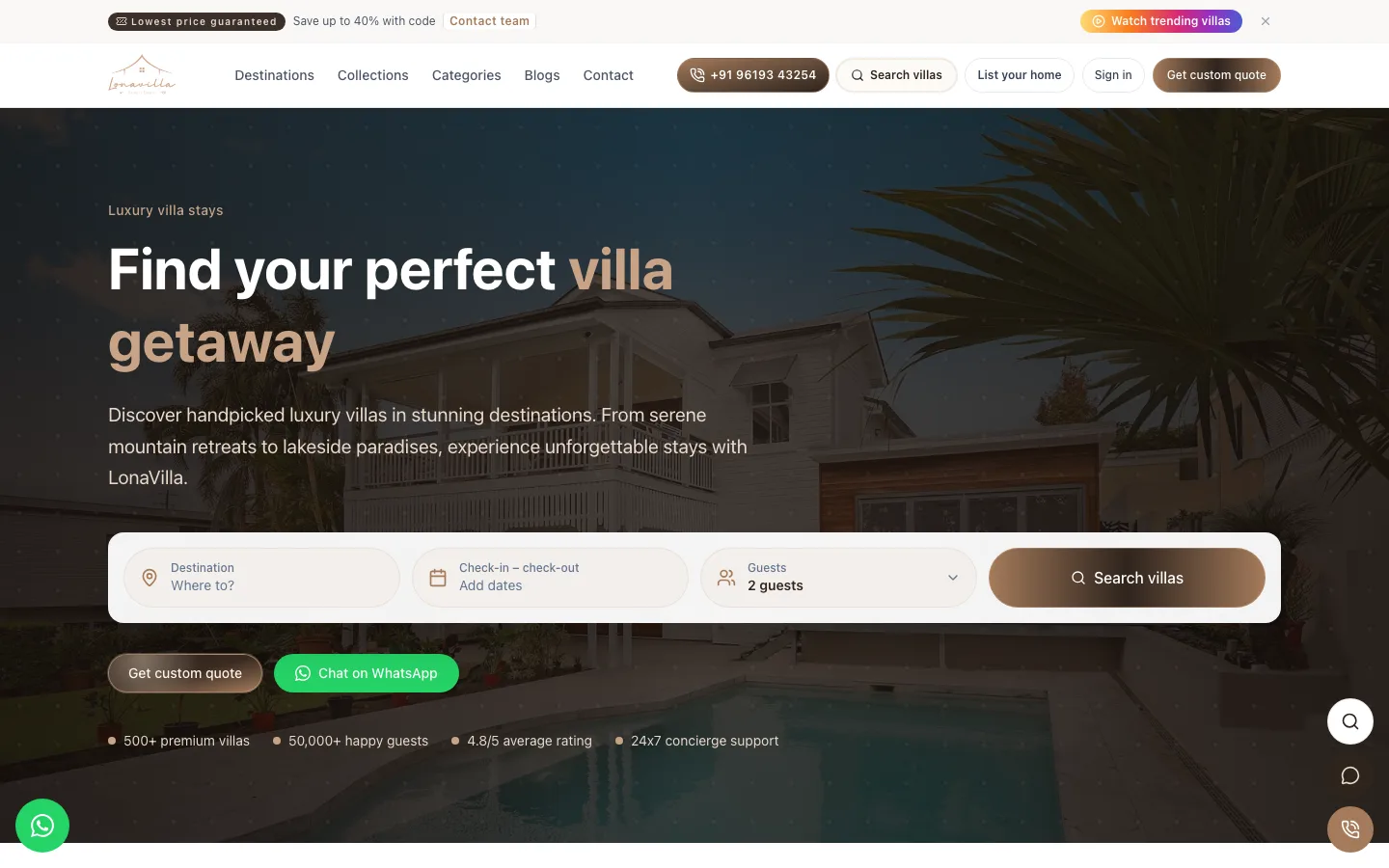 LonaVilla homepage showing villa search over a poolside hero image