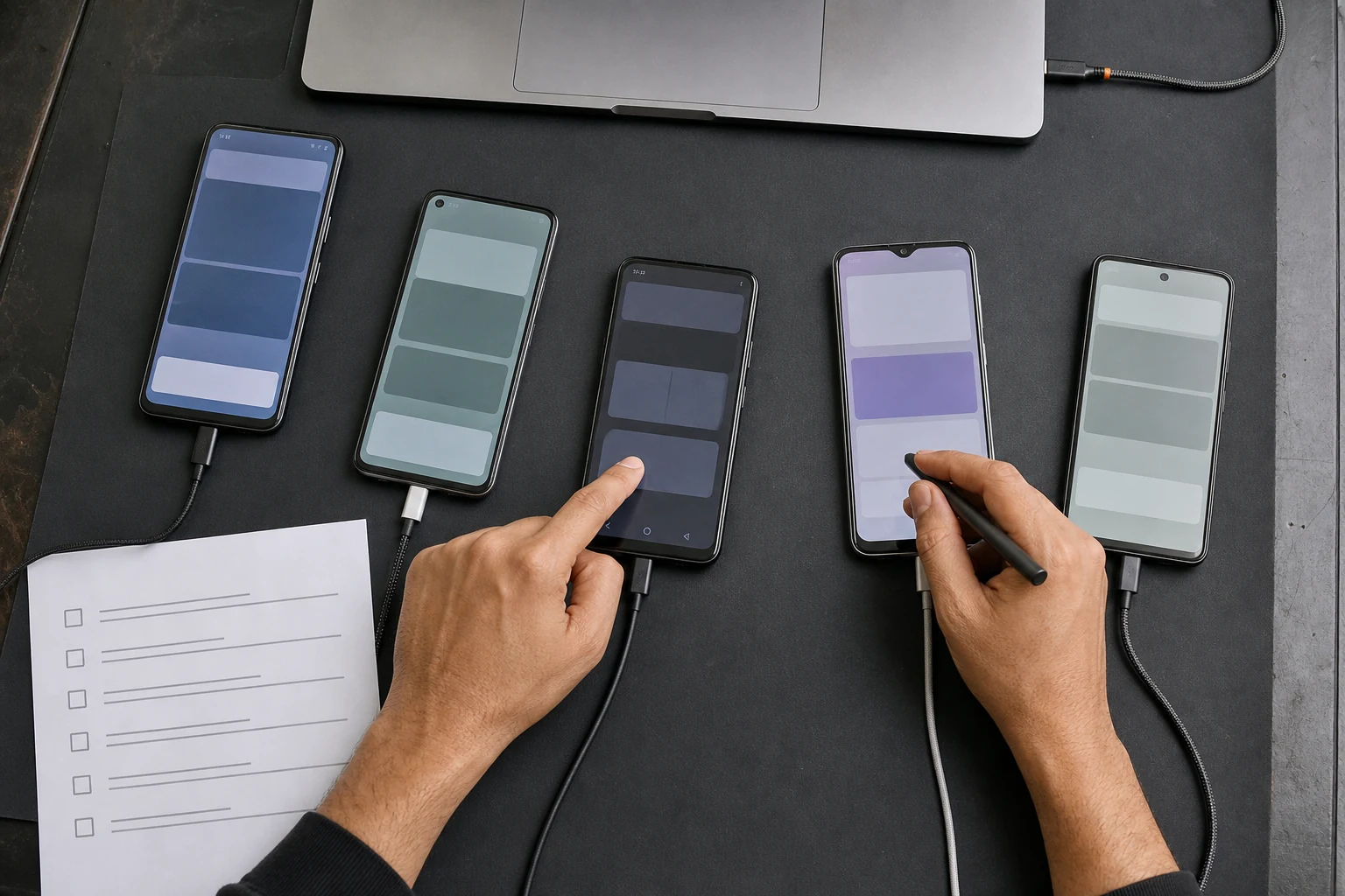 A refined mobile device sculpture surrounded by layered interface planes